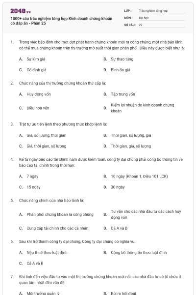 1000+ câu trắc nghiệm tổng hợp Kinh doanh chứng khoán có đáp án - Phần 25