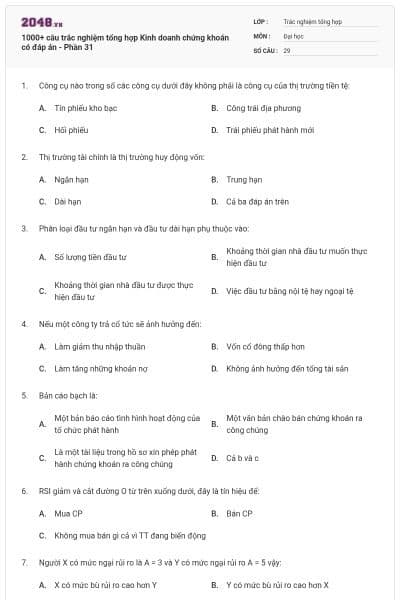 1000+ câu trắc nghiệm tổng hợp Kinh doanh chứng khoán có đáp án - Phần 31
