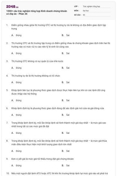 1000+ câu trắc nghiệm tổng hợp Kinh doanh chứng khoán có đáp án - Phần 36