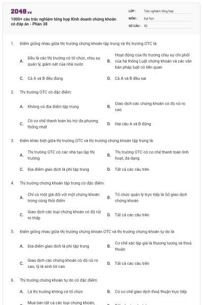 1000+ câu trắc nghiệm tổng hợp Kinh doanh chứng khoán có đáp án - Phần 38