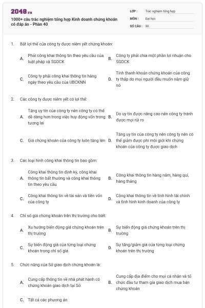 1000+ câu trắc nghiệm tổng hợp Kinh doanh chứng khoán có đáp án - Phần 40