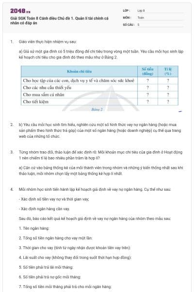 Giải SGK Toán 8 Cánh diều Chủ đề 1. Quản lí tài chính cá nhân có đáp án