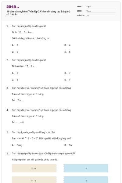 16 câu trắc nghiệm Toán lớp 2 Chân trời sáng tạo Bảng trừ có đáp án