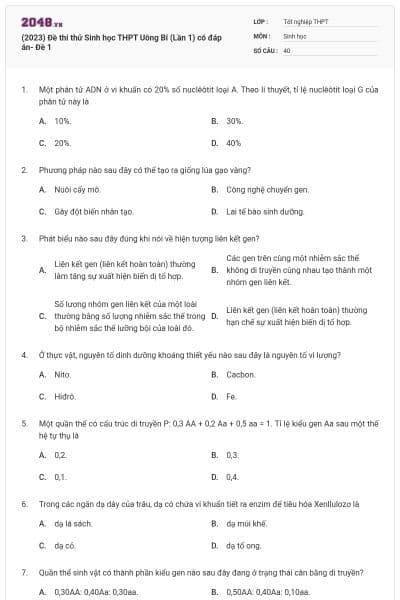 (2023) Đề thi thử Sinh học THPT Uông Bí (Lần 1) có đáp án- Đề 1