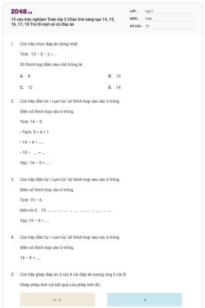 15 câu trắc nghiệm Toán lớp 2 Chân trời sáng tạo 14, 15, 16, 17, 18 Trừ đi một số có đáp án