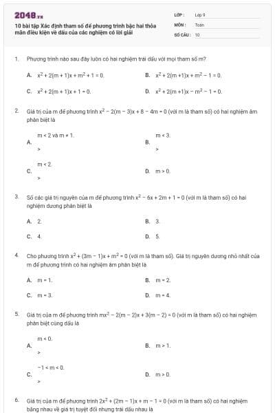 10 bài tập Xác định tham số để phương trình bậc hai thỏa mãn điều kiện về dấu của các nghiệm có lời giải