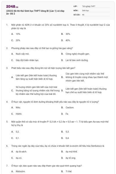 (2023) Đề thi thử Sinh học THPT Uông Bí (Lần 1) có đáp án- Đề 2