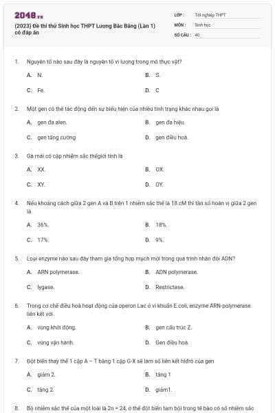 (2023) Đề thi thử Sinh học THPT Lương Băc Bằng (Lần 1) có đáp án