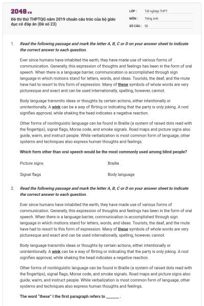 Đề thi thử THPTQG năm 2019 chuẩn cấu trúc của bộ giáo dục có đáp án (Đề số 23)