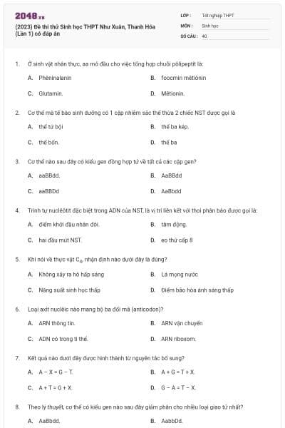 (2023) Đề thi thử Sinh học THPT Như Xuân, Thanh Hóa (Lần 1) có đáp án