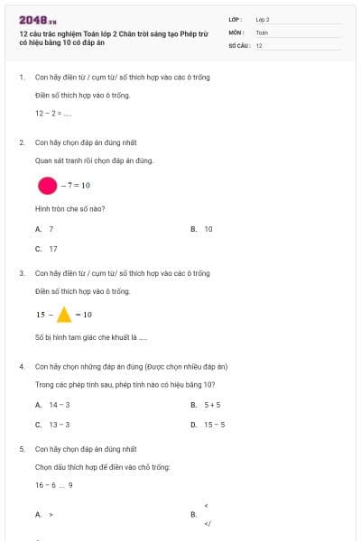 12 câu trắc nghiệm Toán lớp 2 Chân trời sáng tạo Phép trừ có hiệu bằng 10 có đáp án