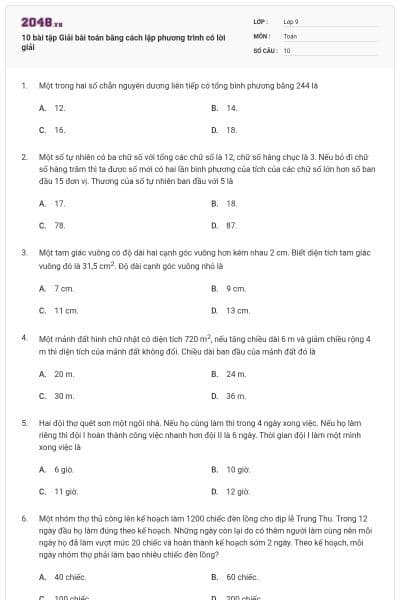 10 bài tập Giải bài toán bằng cách lập phương trình có lời giải