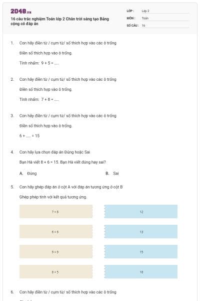 16 câu trắc nghiệm Toán lớp 2 Chân trời sáng tạo Bảng cộng có đáp án