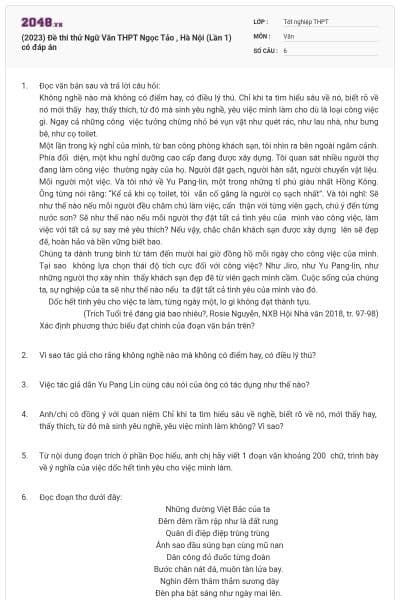 (2023) Đề thi thử Ngữ Văn THPT Ngọc Tảo , Hà Nội (Lần 1) có đáp án