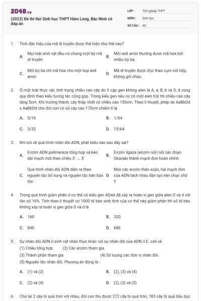 (2023) Đề thi thử Sinh học THPT Hàm Long, Bắc Ninh có đáp án