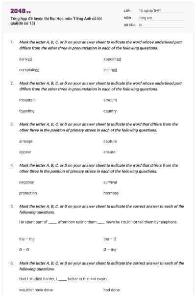 Tổng hợp đề luyện thi Đại Học môn Tiếng Anh có lời giải(Đề số 13)