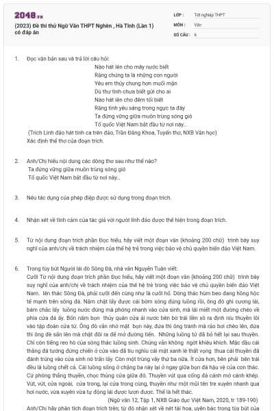 (2023) Đề thi thử Ngữ Văn THPT Nghèn , Hà Tĩnh (Lần 1) có đáp án