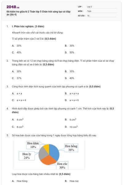 Đề kiểm tra giữa kì 2 Toán lớp 5 Chân trời sáng tạo có đáp án (Đề 4)