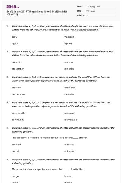 Bộ đề thi thử 2019 Tiếng Anh cực hay có lời giải chi tiết (Đề số 11)