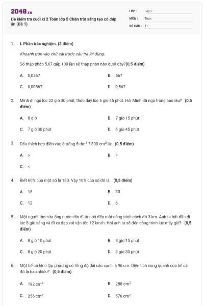 Đề kiểm tra cuối kì 2 Toán lớp 5 Chân trời sáng tạo có đáp án (Đề 1)