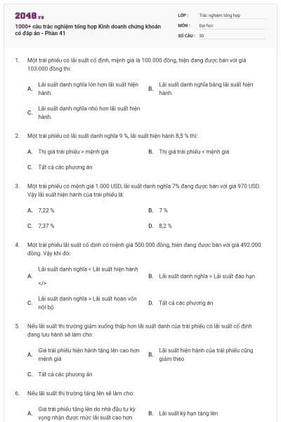1000+ câu trắc nghiệm tổng hợp Kinh doanh chứng khoán có đáp án - Phần 41
