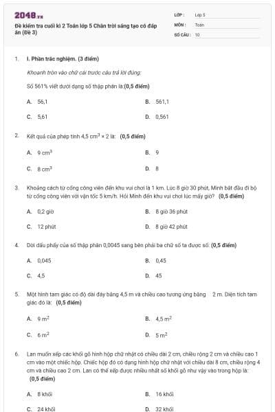 Đề kiểm tra cuối kì 2 Toán lớp 5 Chân trời sáng tạo có đáp án (Đề 3)