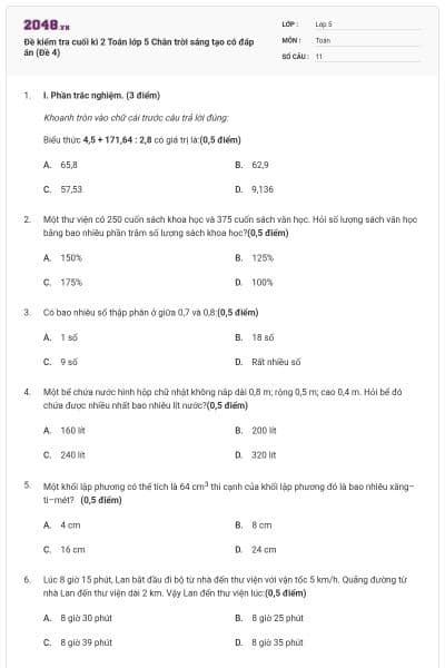 Đề kiểm tra cuối kì 2 Toán lớp 5 Chân trời sáng tạo có đáp án (Đề 4)
