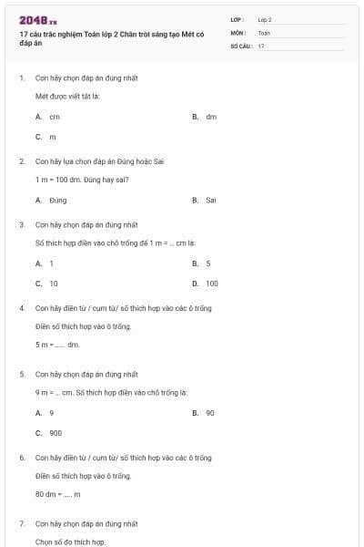 17 câu trắc nghiệm Toán lớp 2 Chân trời sáng tạo Mét có đáp án