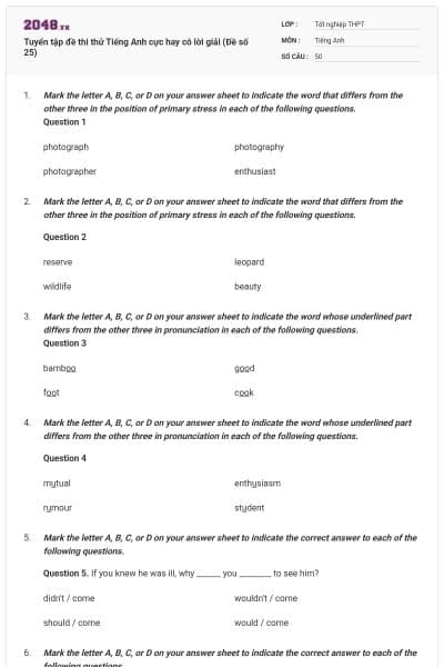 Tuyển tập đề thi thử Tiếng Anh cực hay có lời giải (Đề số 25)