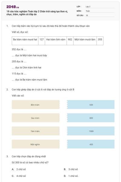 18 câu trắc nghiệm Toán lớp 2 Chân trời sáng tạo Đơn vị, chục, trăm, nghìn có đáp án