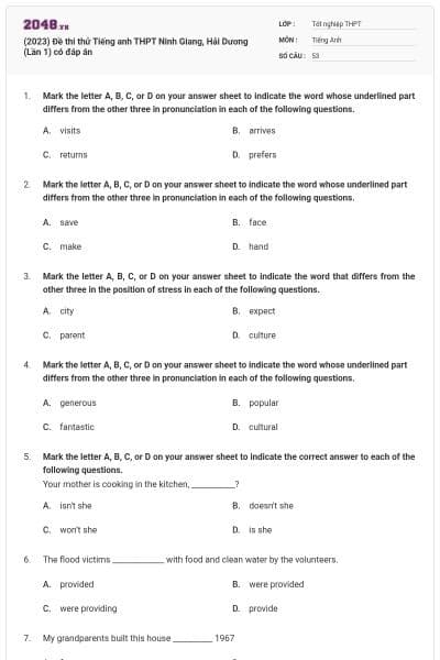 (2023) Đề thi thử Tiếng anh THPT Ninh Giang, Hải Dương (Lần 1) có đáp án
