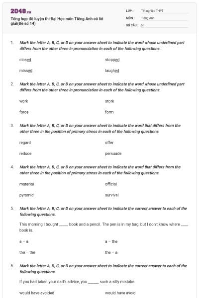 Tổng hợp đề luyện thi Đại Học môn Tiếng Anh có lời giải(Đề số 14)