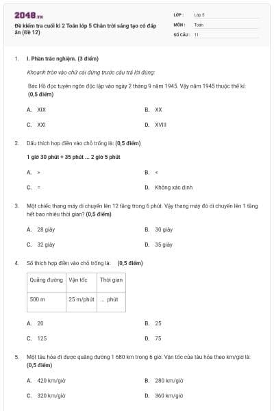 Đề kiểm tra cuối kì 2 Toán lớp 5 Chân trời sáng tạo có đáp án (Đề 12)