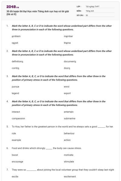 30 đề luyện thi Đại Học môn Tiếng Anh cực hay có lời giải (Đề số 8)