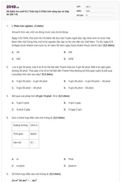Đề kiểm tra cuối kì 2 Toán lớp 5 Chân trời sáng tạo có đáp án (Đề 14)