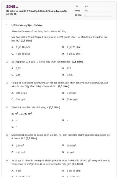 Đề kiểm tra cuối kì 2 Toán lớp 5 Chân trời sáng tạo có đáp án (Đề 15)