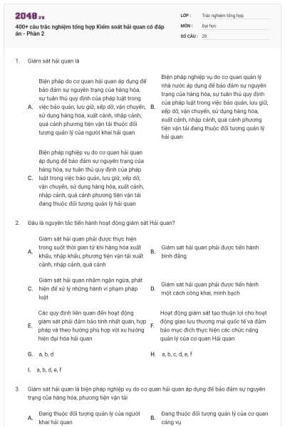400+ câu trắc nghiệm tổng hợp Kiểm soát hải quan có đáp án - Phần 2