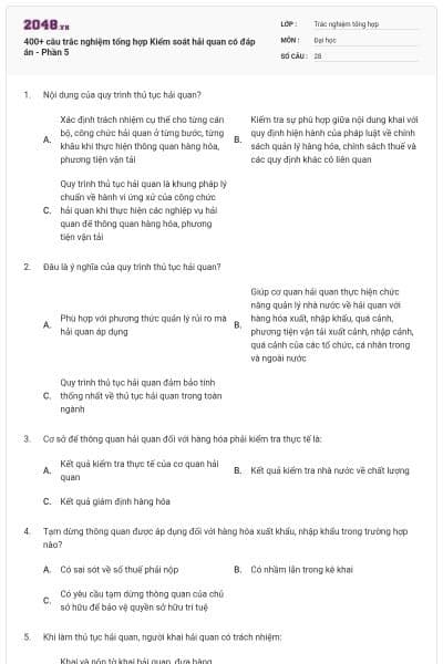 400+ câu trắc nghiệm tổng hợp Kiểm soát hải quan có đáp án - Phần 5