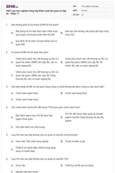 400+ câu trắc nghiệm tổng hợp Kiểm soát hải quan có đáp án - Phần 11