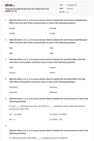 Tổng hợp đề luyện thi Đại Học môn Tiếng Anh có lời giải(Đề số 15)