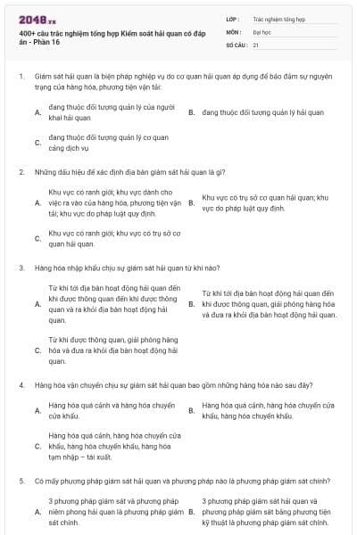 400+ câu trắc nghiệm tổng hợp Kiểm soát hải quan có đáp án - Phần 16