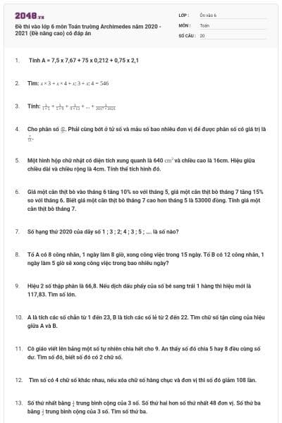 Đề thi vào lớp 6 môn Toán trường Archimedes năm 2020 - 2021 (Đề nâng cao) có đáp án