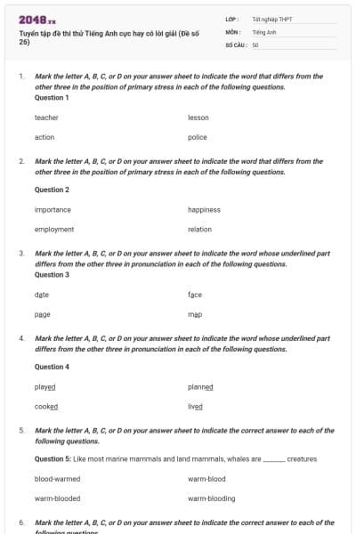 Tuyển tập đề thi thử Tiếng Anh cực hay có lời giải (Đề số 26)