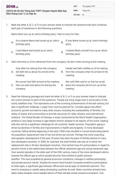 (2023) Đề thi thử Tiếng Anh THPT Chuyên Huỳnh Mẫn Đạt, Kiên Giang (Lần 1) có đáp án