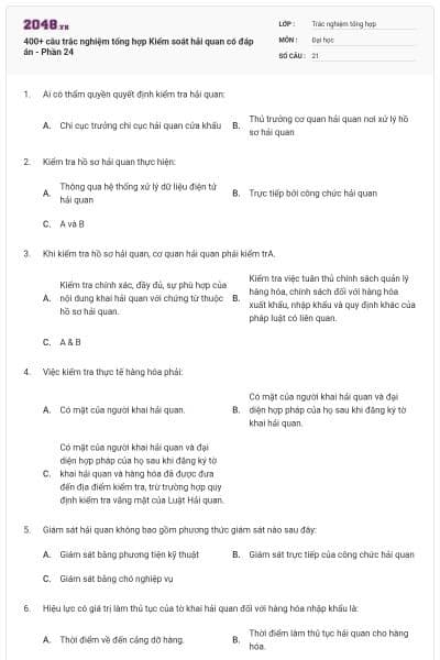 400+ câu trắc nghiệm tổng hợp Kiểm soát hải quan có đáp án - Phần 24