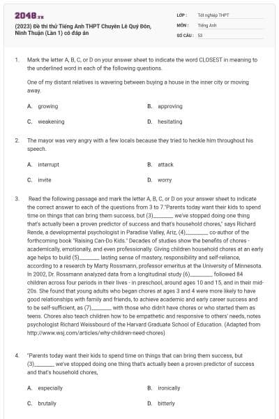 (2023) Đề thi thử Tiếng Anh THPT Chuyên Lê Quý Đôn, Ninh Thuận (Lần 1) có đáp án