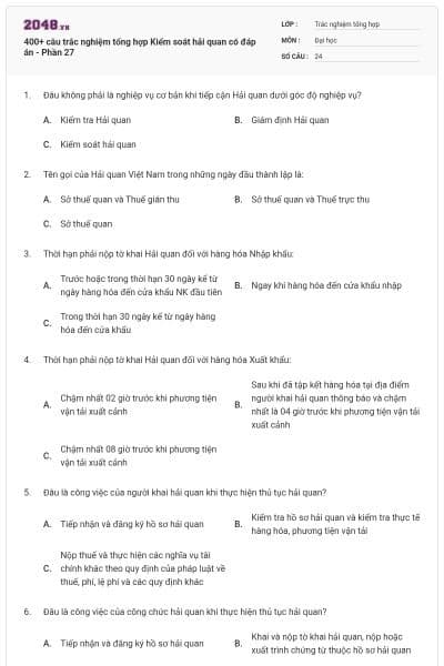 400+ câu trắc nghiệm tổng hợp Kiểm soát hải quan có đáp án - Phần 27