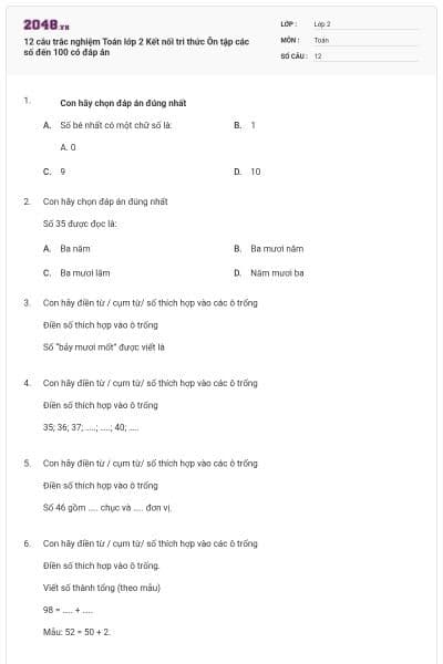 12 câu trắc nghiệm Toán lớp 2 Kết nối tri thức Ôn tập các số đến 100 có đáp án