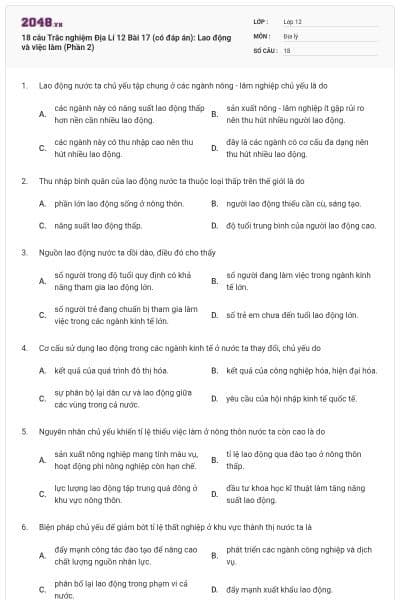 18 câu Trắc nghiệm Địa Lí 12 Bài 17 (có đáp án): Lao động và việc làm (Phần 2)