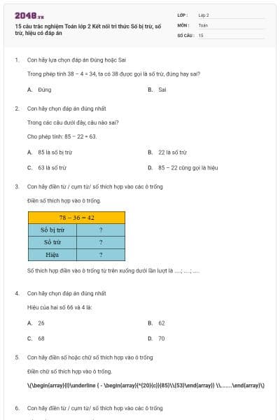 15 câu trắc nghiệm Toán lớp 2 Kết nối tri thức Số bị trừ, số trừ, hiệu có đáp án